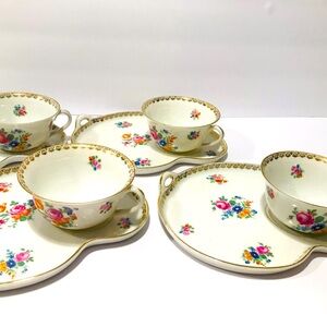Antique J.Schneider & Co Set of 4 Tea Cups & Snack Trays Chechoslovakia 1930’s
